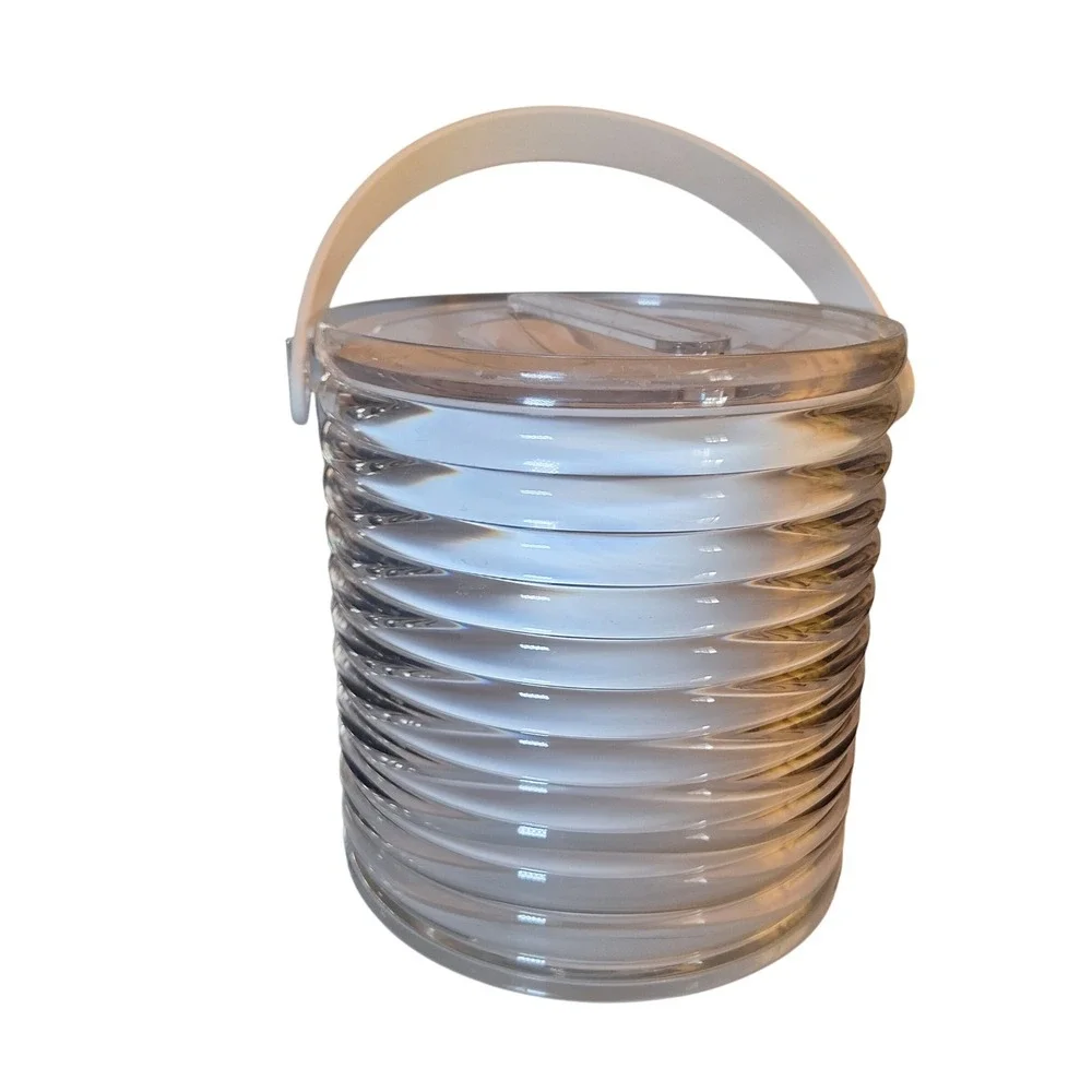 Sally Designs Ice Bucket Clear Acrylic Ribbed White Handle Lid Tongs‎ Glencoe